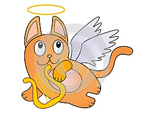 Red cartoon cat with white wings, a golden nimbus and a harp. Cat angel playing the lyre in flight. Funny cute cat - cupid - vecto
