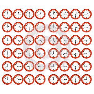 Red Cartoon Clocks Showing Every 15 Minutes Past t