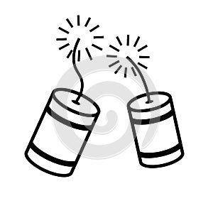 Red cartoon firecracker line icon. Clipart image