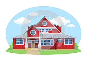 Red cartoon house exterior with blue clouded sky Front Home Architecture Concept Flat Design Style. Vector illustration