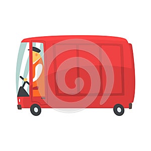 Red cartoon retro cargo van, commercial transport vector Illustration