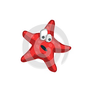 Red cartoon starfish. Sea star character. Tropical animal icon. Isolated funny seastar