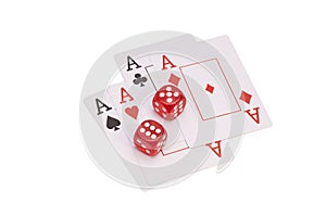 Red Casino Dice And Four Aces Playing Cards