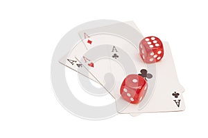 Red Casino Dice And Four Aces Playing Cards