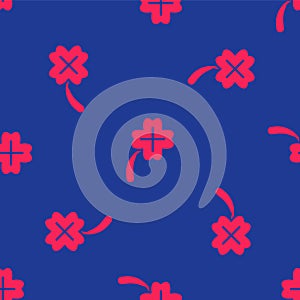 Red Casino slot machine with clover symbol icon isolated seamless pattern on blue background. Gambling games. Vector