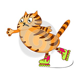 Red cat is afraid, but rides on roller skates. Vector cartoon image.