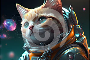 Red cat in astronaut suit on space background. 3D illustration.