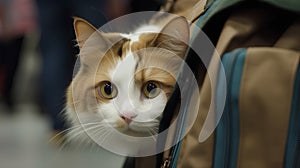 Red cat in a backpack on the background of people walking in the airport
