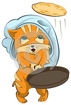 Red cat Chef tosses pancake up