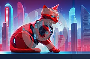 Red cat of cybernetics, against the backdrop of a city landscape