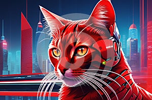 Red cat of cybernetics, against the backdrop of a city landscape