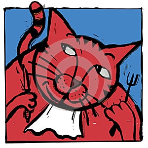 Red cat eating with cutlery