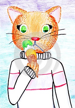 A red cat eats ice cream. Children`s drawing