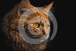 Red cat face with yellow eyes in the dark. Generative AI