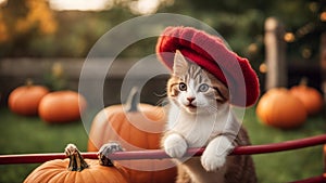 red cat in the garden A mischievous kitten with a cheeky grin, balancing on a red fence in a garden, sporting a comically