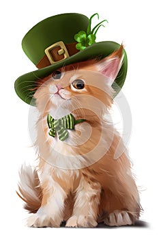 Red cat in a green hat. St. Patrick`s Day. Watercolor drawing