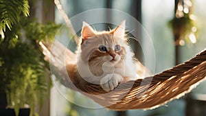 red cat on a hammock A small red kitten with a gentle purr, nestled comfortably in a hammock