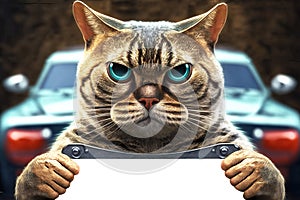 The red cat is holding a white sign with a copy place in his paws, against the background of the car