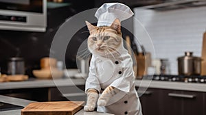 Red cat looking like a cook in the kitchen