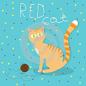 Red cat plays with wool ball