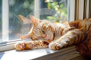 red cat sleeping on a windowsill on a sunny day.