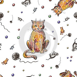 Red cat with toys and dead mouse. The tile of seamless colorful pattern, hand drawn by markers