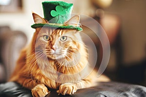 Red cat wearing festive Saint Patrick Day hat with shamrock