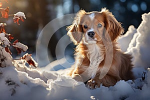 Red Cavalier King Charles dog in the snow