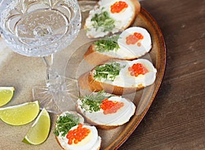 Red caviar and champagne