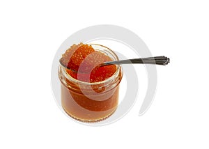 Red caviar in a glass jar isolated on white background with clipping path