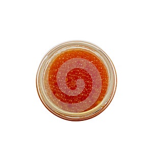 Red caviar in a glass jar isolated on white background with clipping path