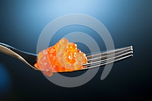 Red caviar heap on metal fork. Isolated, macro view