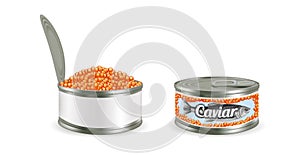 Red caviar in metal can mockup set, vector isolated illustration