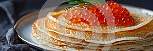 Red Caviar Pancakes, Caviar Crepes Closeup, Gourmet Breakfast, Luxury Blini with Copy Space