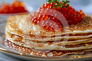 Red Caviar Pancakes, Caviar Crepes Closeup, Gourmet Breakfast, Luxury Blini with Copy Space