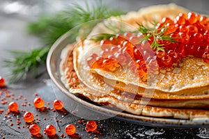 Red Caviar Pancakes, Caviar Crepes Closeup, Gourmet Breakfast, Luxury Blini with Copy Space