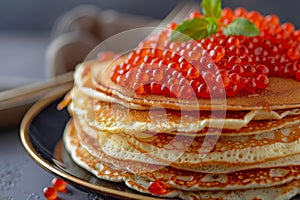 Red Caviar Pancakes, Caviar Crepes Closeup, Gourmet Breakfast, Luxury Blini with Copy Space