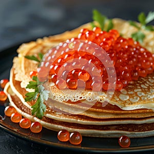 Red Caviar Pancakes, Caviar Crepes Closeup, Gourmet Breakfast, Luxury Blini with Copy Space