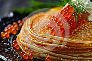 Red Caviar Pancakes, Caviar Crepes Closeup, Gourmet Breakfast, Luxury Blini with Copy Space
