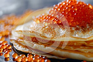 Red Caviar Pancakes, Caviar Crepes Closeup, Gourmet Breakfast, Luxury Blini with Copy Space photo