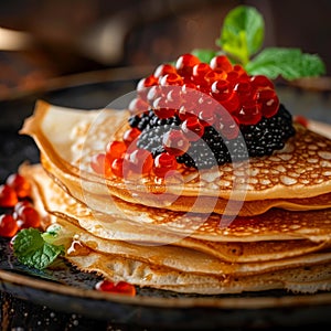 Red Caviar Pancakes, Caviar Crepes Closeup, Gourmet Breakfast, Luxury Blini with Copy Space photo