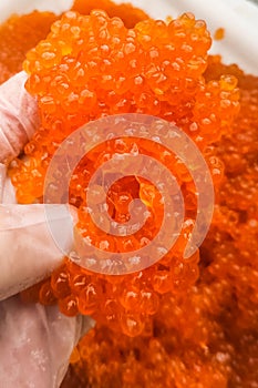 red caviar in plastic container. Salmon caviar, diet food