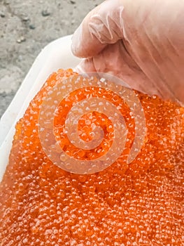 red caviar in plastic container. Salmon caviar, diet food