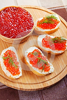 Red caviar sandwiches on plate