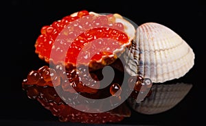 Red caviar in seashell