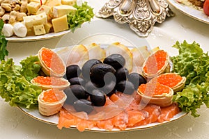 Red caviar with smoked salmon snack. Russian cuisine appetizer