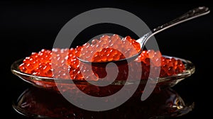 Red Caviar in a spoon. Caviar in bowl over black background. Close-up salmon caviar. Delicatessen. Gourmet food, isolated on black