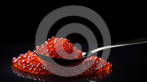Red Caviar in a spoon. Caviar in bowl over black background. Texture of caviar. Seafood isolated on black, generative ai