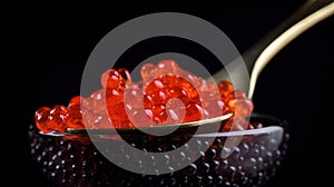 Red Caviar in a spoon. Caviar in bowl over black background. Close-up salmon caviar, isolated on black, generative ai.