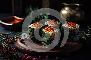 Red Caviar Sushi Rolls, Traditional Japanese Susi, Caviar Sushi Set, Abstract Generative AI Illustration